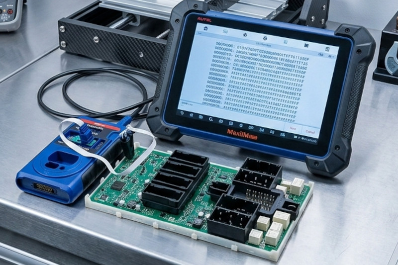 Mains de technicien réparant le circuit électronique d'une clé de voiture